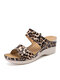 Women Large Size Animal Print Flowers Decor Hand Stitching Comfy Casual Beach Wedges Slippers - Leopard