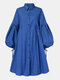 Solid Color Button Puff Sleeve Mid-length Casual Dress for Women - Lake blue