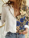 Cartoon Cat Printed Patchwork Turn-down Collar Long Sleeve Blouse - White