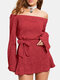 Solid Color Off-shoulder Tie Waist Long Sleeve Mini Dress For Women - Red