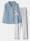 Frauen Baumwolle Plus Größe Gestreifte Hosen Knopf Langarm Casual Home Pyjama Sets - Blau