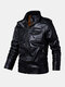 Mens Washed Vintage Multi-Pocket Zipper Lapel Winter Thicken PU Leather Jacket - Black