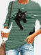 Schwarz Katze Print Langarm O-Ausschnitt Weiß Gestreift Plus Größe T-Shirt - Grün
