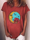 Flower Moon Print Short Sleeve Casual T-shirt For Women - Red