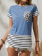 Stripe Leopard Print Pocket O-neck Women Short Sleeve T-Shirt - Blue