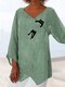Women Cute Cat Print Wrap Design Cotton 3/4 Sleeve Blouse - Green