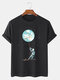 Mens Earth Astronaut Printed Crew Neck Cotton Short Sleeve T-Shirts - Black