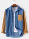 Mens Corduroy Patchwork Color Block Long Sleeve Loose Shirts With Contrast Pocket - Blue
