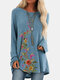 Vintage Floral Printed O-neck Long Sleeve Pullover T-shirt - Blue
