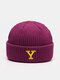 Unisex Knitted Thickened Color Contrast Letter Embroidery Ear Protection Warmth Fashion Brimless Beanie Hat - Purple