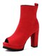 Plus Size Women Stylish Silk Printing Peep Toe Chunky Heel Short Boots - Red