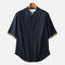 Mens National Style Loose Fashion Stand Collar Short Sleeve Casual T shirt - Navy