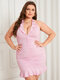 Plus Size Halter Backless Design Ruffle Trim Ruched Dress - Pink