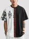 Herren-T-Shirts mit geometrischem ethnischem Muster und Patchwork, Rundhalsausschnitt, kurzärmelig - Schwarz