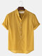 Men Breathable & Thin Cotton Stand Collar Curved Hem Solid Henley Shirt - Yellow
