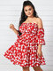 Plus Size Off Shoulder Floral Print Backless 3/4 Length Sleeves Dress - Red