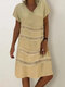 Webbing Patchwork V-neck A-line Vintage Plus Size Dress - Beige