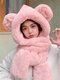 Women Plush Solid Color Cartoon Bear Decorated One-piece Glove Scarf Hat Anti-cold Ear Protection Beanie Hat - Pink 1