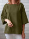Solid 3/4 Sleeve Crew Neck Blouse For Women - Dark Green