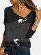 Cartoon Cat Strip V-neck Long Sleeve T-shirt - Black