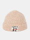 Unisex Teddy Velvet Solid Color Cow Pattern Letter Cloth Label Warmth Beanie Hat - Pink