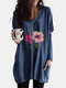 Flower Printed Long Sleeve V-neck Pocket Blouse For Women - Blue