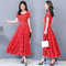 Ladies Temperament Round Neck Was Thin Short-sleeved Long Floral Dress - Red