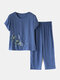 Women Flowers Print Loungewear Short Sleeve Floral Loose Breathable O-Neck Summer Pajamas - Blue