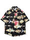 Mens Funny Marine Animal Fish Printed Floral Short Sleeve Shirt - Black