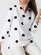 Dot Print V-neck Slit Hem Long Sleeve Women Blouse - White