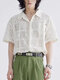 Mens Floral Lace Crochet Lapel Short Sleeve Shirt - White
