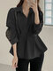 Solid Button Irregular Button Puff Sleeves Lapel Blouse Women - Black