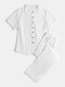 Men Cotton Linen Shirt Co-ords Stand Collar Chest Pocket Cozy Two Pieces Loungewear Sets - White