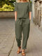Women Casual Solid Pocket Knotted Two Pieces Suit - Green