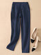 Solid Pocket Elastic Waist Casual Pants For Women - Navy