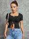 Solid Lace Up Crew Neck Short Sleeve Crop Top - Black