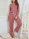 Women Brief Style Solid Color Plus Size V-Neck Two-Piece Home Lounge Pajamas Set - Red