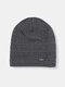 Men Knitted Plus Velvet Solid Color Striped Letter Metal Label Outdoor Warmth Brimless Beanie Hat - Light Gray