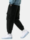 Mens Texture Solid Color Daily Drawstring Cargo Pants With Pocket - Black