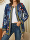 Ethnic Flower Printed Ribbon Patch Vintage Jacket with Pocket - Navy