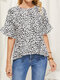 Leopard Print Ruffle Sleeve Button Back Plus Size Casual T-shirt - White