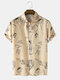 Mens Line Drawing Flower Print Button Up Short Sleeve Shirts - Khaki
