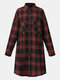 Plaid Button Pocket Lapel Long Sleeve Casual Shirt For Women - Red