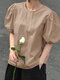 Puff Sleeve Solid Color Short Sleeve Crew Neck Casual Blouse - Khaki