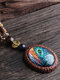 Vintage Bohemian Feather Tower Pattern Round Oval Shape Pendant Wooden Beaded Plastic Resin Necklace - #02