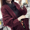 Pocket Wild Sweater Coat Long Section Loose Thick Knit Cardigan - Red wine