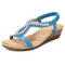Women Soft Pearl Rhinestone Elastic Black Wedges Sandals - Blue