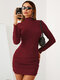 Solid Mock Neck Ribbed Knit Long Sleeve Mini Sexy Dress - Wine Red