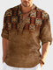 Mens Ethnic Geometric Print Half Button Long Sleeve Henley Shirts - Brown