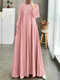 Women Lace Patchwork Pleated Muslim Long Sleeve Maxi Dress - Pink